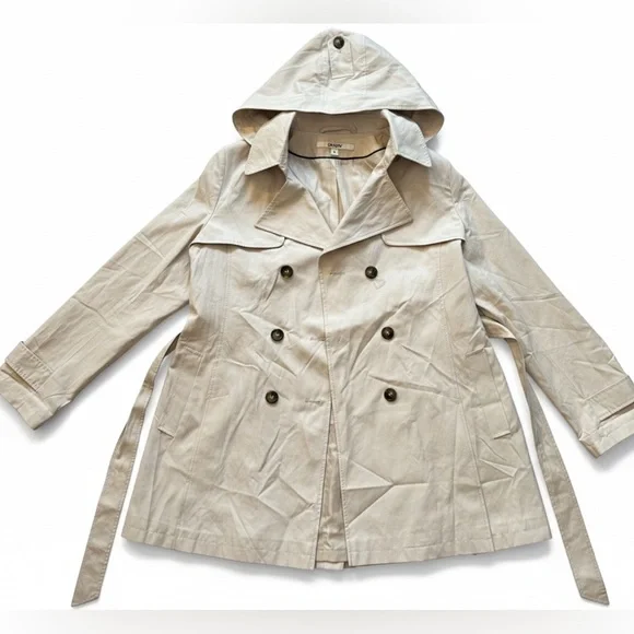 DKNY Cotton Blend Double-Breasted Trench Coat - Sand/Beige - XL (removable hood) - Picture 2 of 10